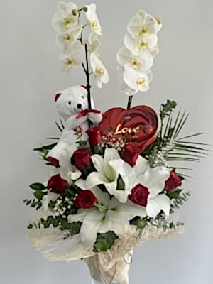 Beyaz Orkide Gül & Çikolata & Ayıcık