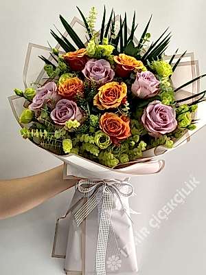 İthal Lila Turuncu Gül Buketi